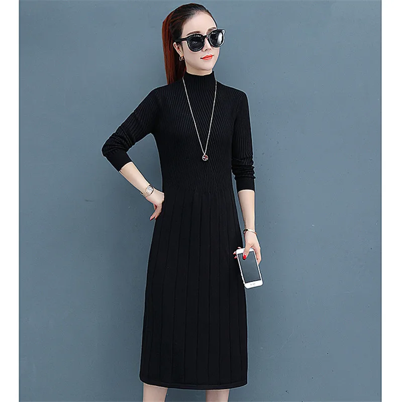 

Knitted dress women Korean slim 2020 autumn winter new fashion stripe long sleeve knee-length sweater dresses feminina
