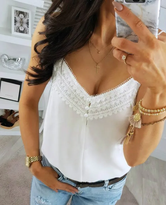 Женские летние топы сексуальные белые без рукавов с пуговицами и бретельками на