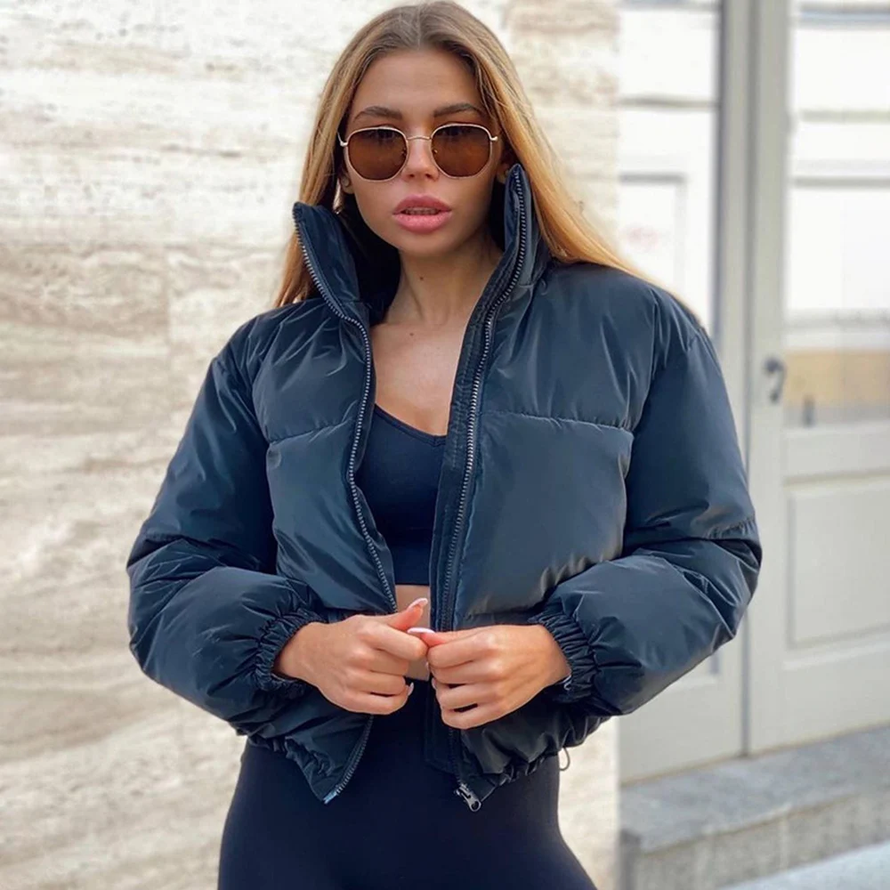

Women's New Cotton Jacket Casual Fashion Sexy Simple Style Long-sleeved Zipper Stand-up Collar Solid Color Short Warm Thick Top