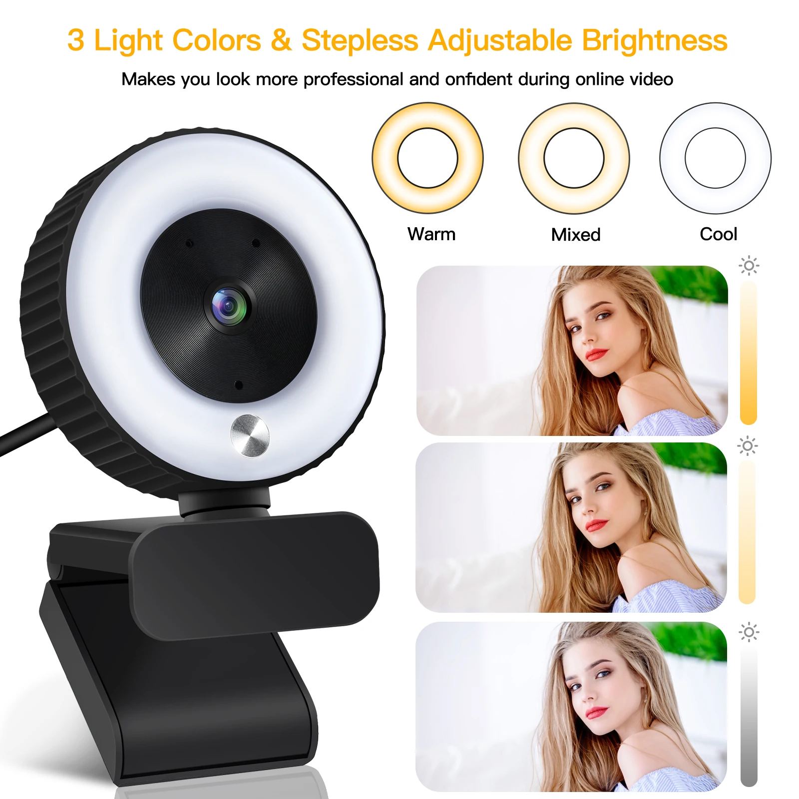 

Web Camera Auto Focus Ring Beautify Fill-in Lighting Video Webcam HD 1080P Live Broadcast Mic USB 3 Grades Touch Brightness