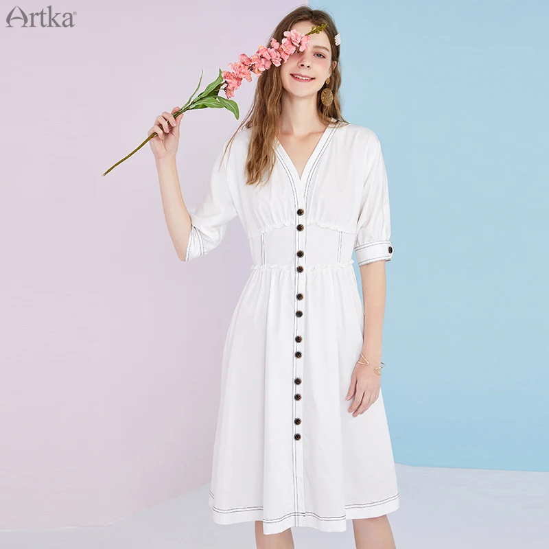 Платье ARTKA женское с V-образным вырезом элегантное французское однобортное