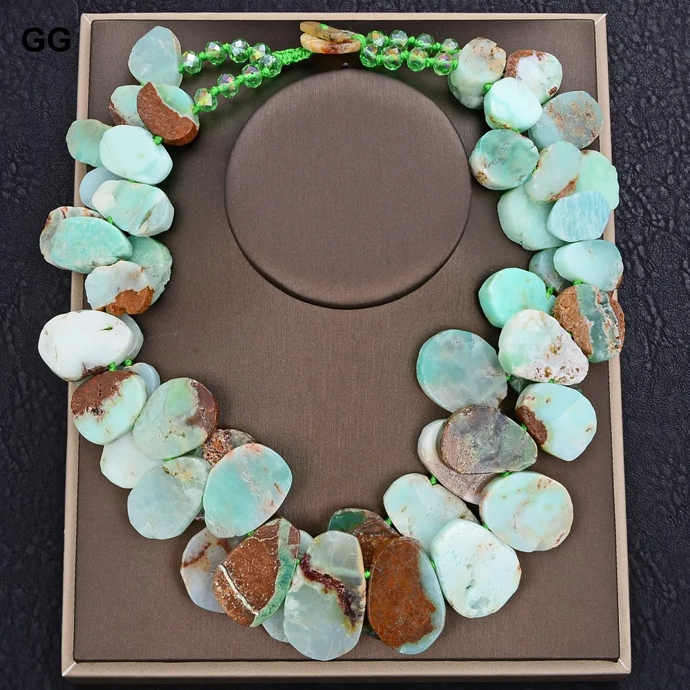 

GuaiGuai Jewelry 19" 2 Rows Top-Drilled Natural Green Nugget Freedom Chrysoprases Green Crystal Necklace Jades OT Clasp