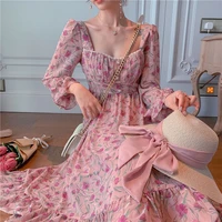 womens summer new style french retro square collar long long sleeves waist slimming pearl buttons rose floral dress women