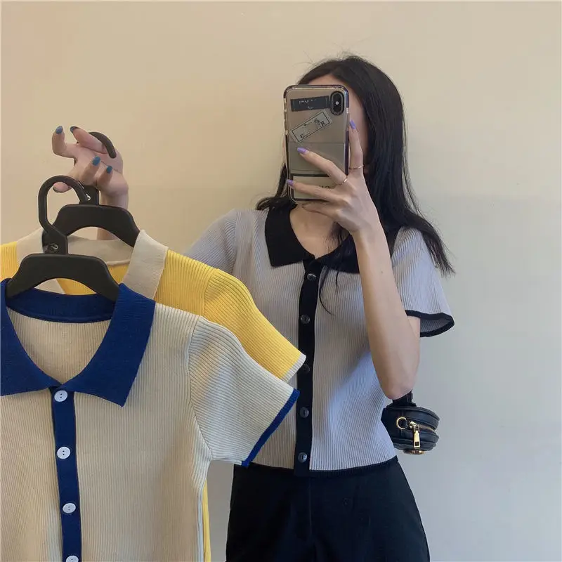 

Zoulv 2021 Women Patchwork Leisure Fashion Comfortable Chic Simple Knitted Outwear Students New Summer Short Sleeve T-shirts
