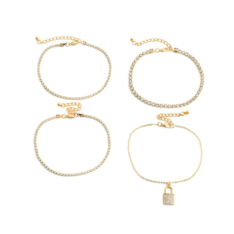 

4 PCS Bracelet For Leg Anklet With Rhinestone Vintage Lock Pendant Collocation Women's Sandals Personality JewelryAccessories