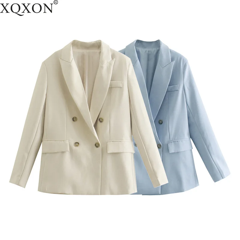 

XQXON 2021 Spring and Autumn Blazers Women Solid Color Double Breasted Suit Jacket
