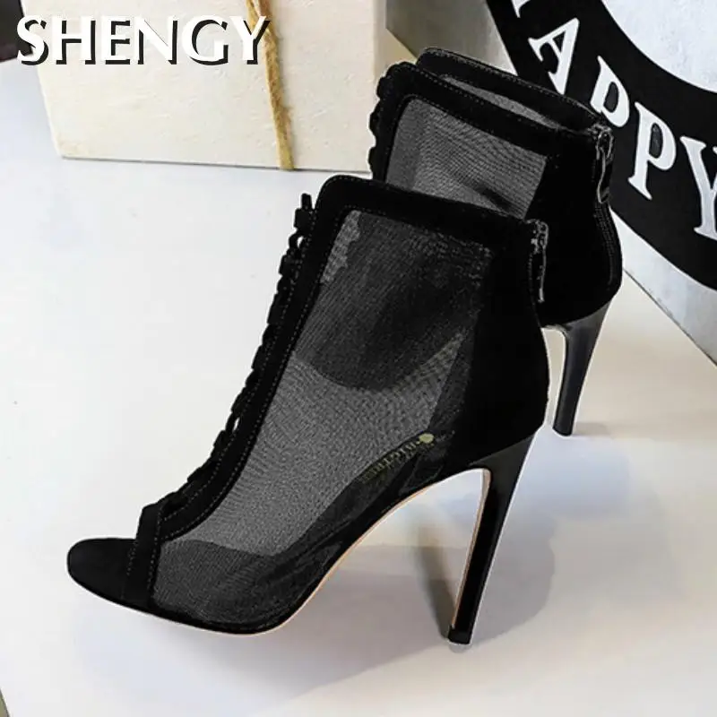 

SHY Women's Cross Cut High Heels Fashion Sexy Party Gauze Fish Mouth Solid Cover Heel Charm High Heel 11 Cm High Heels