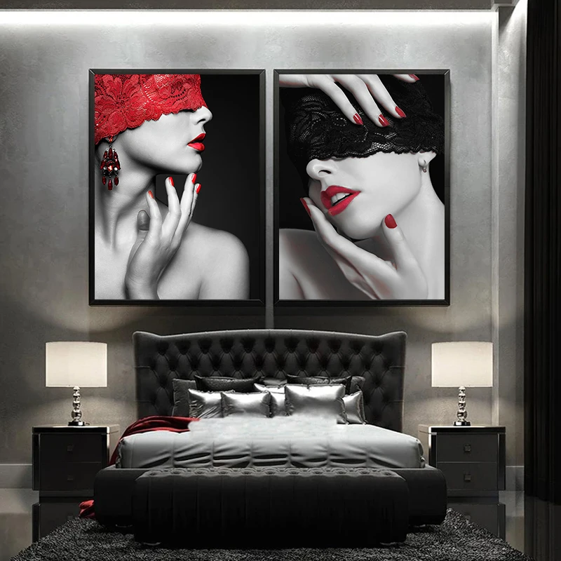

Sexy Red Lip Lace Mask Naked Woman Canvas Painting Prints Black and White Nude Women Printing Poster Wall Art Bedroom Decoration