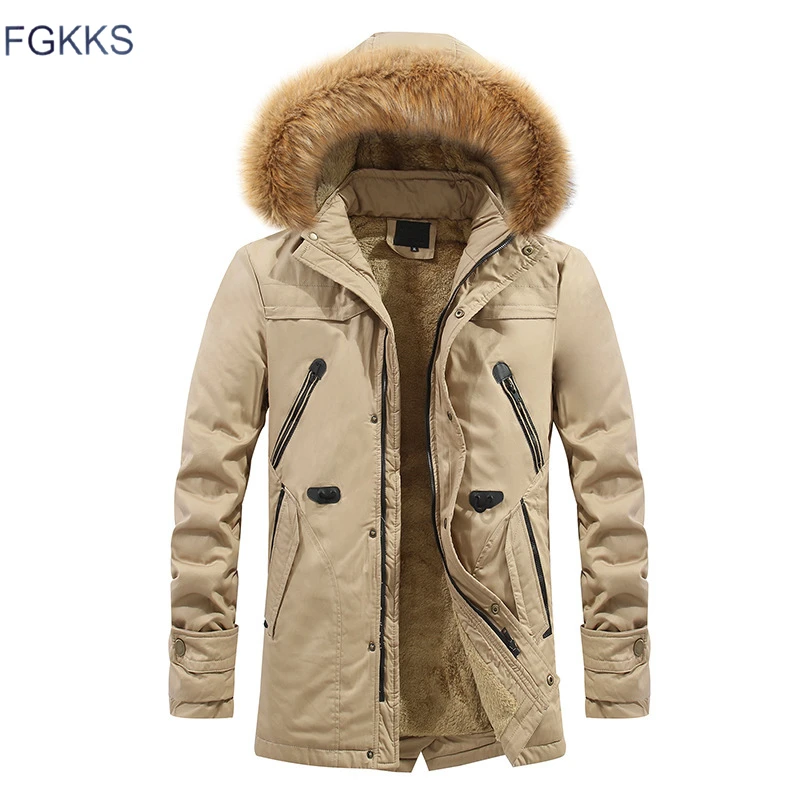 FGKKS мужские парки Новое поступление зимняя мужская мода с капюшоном меховой