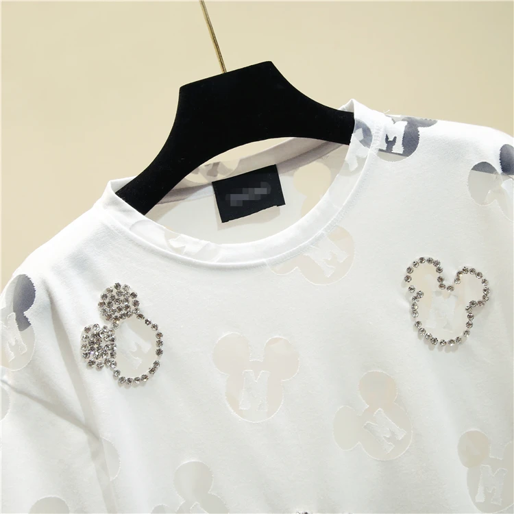 

Women's Summer Short-Sleeve 2021 New Style White Loose Lace T-shirts Cartoon Rhinestone Fashion Pullover Short Shirt Basic Tops