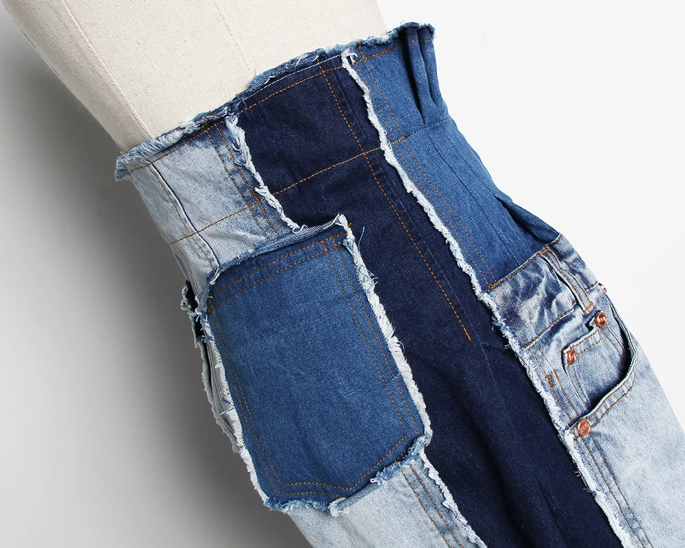 

[DEAT] Stitching jeans high waist contrast wide leg pants loose drop straight pants asian streetwear women 2021 spring GX446