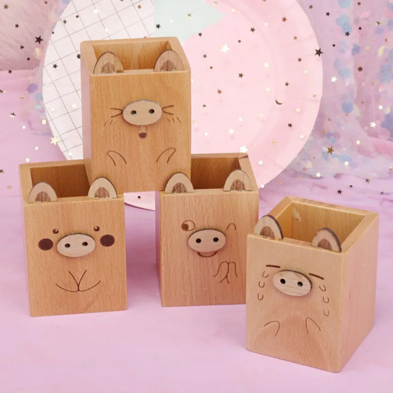 

1 Pcs Kawaii Fashion Children Cartoon Pig Animal Wooden Pig Pen Container Pencil Holder Stationery