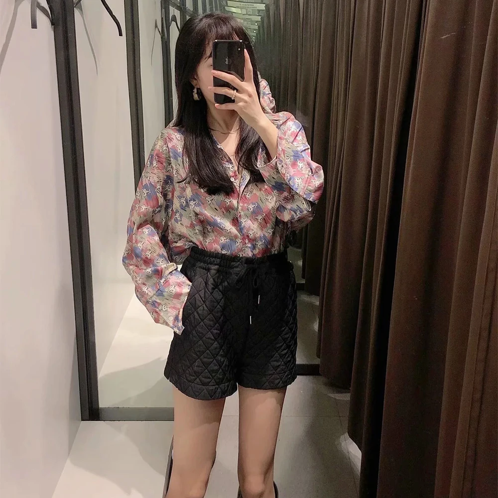 

2021 New Women Printed Cropped Blouse Shirts Long Sleeves Casual High Fashion Chic Lady Woman Blouse Tops