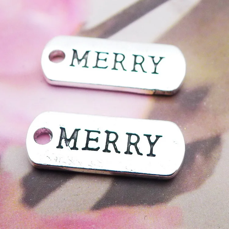 

Newest 10Pcs 8*21mm Antique Silver Color Alloy Lucky Merry Words Charms Bracelet Pendant Accessories Charms For Jewelry Making