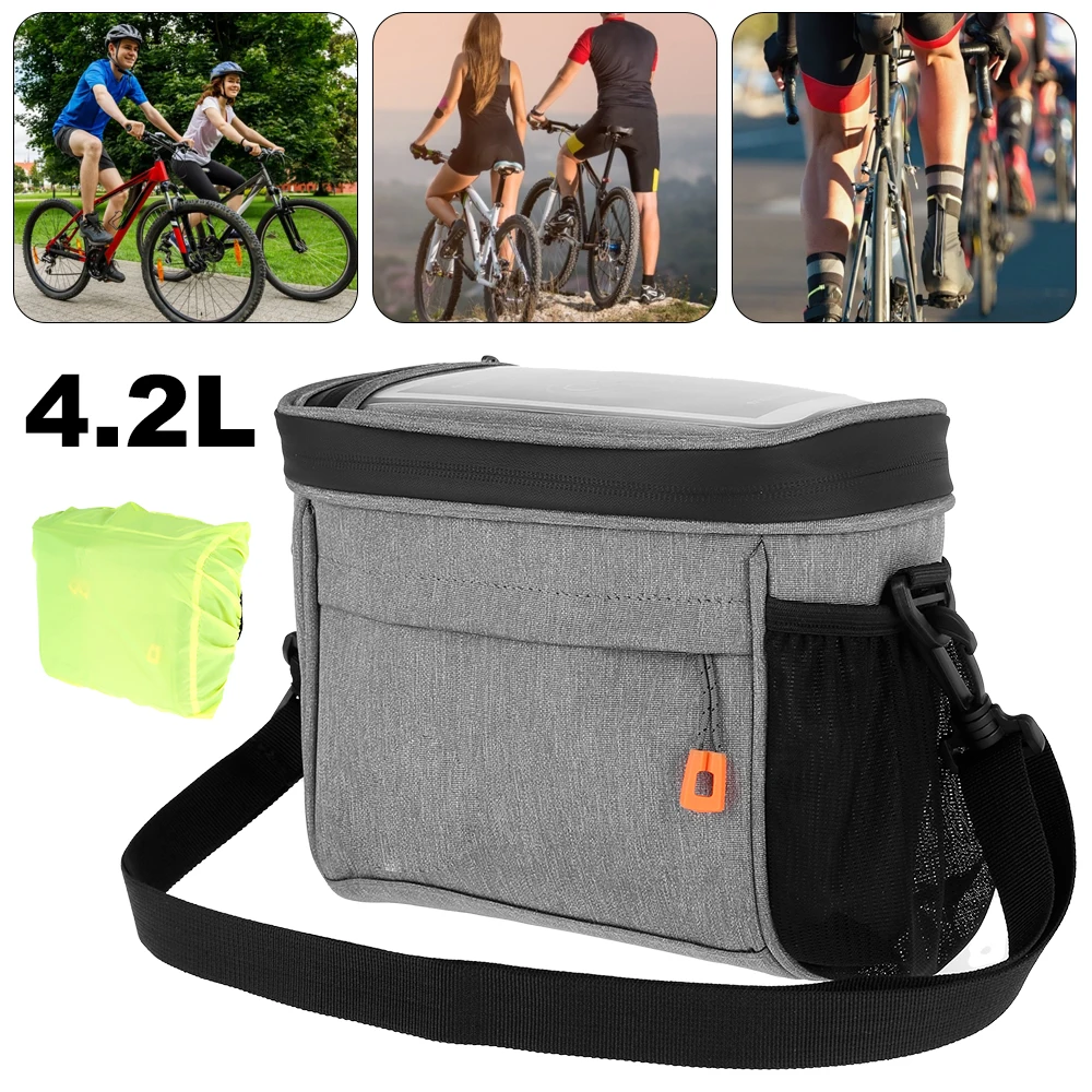 

4.2L Bike Handlebar Bag Waterproof Road Bike Basket Bicycle Front Storage Bag with Phone Holder Rain Cover and Shoulder Strap