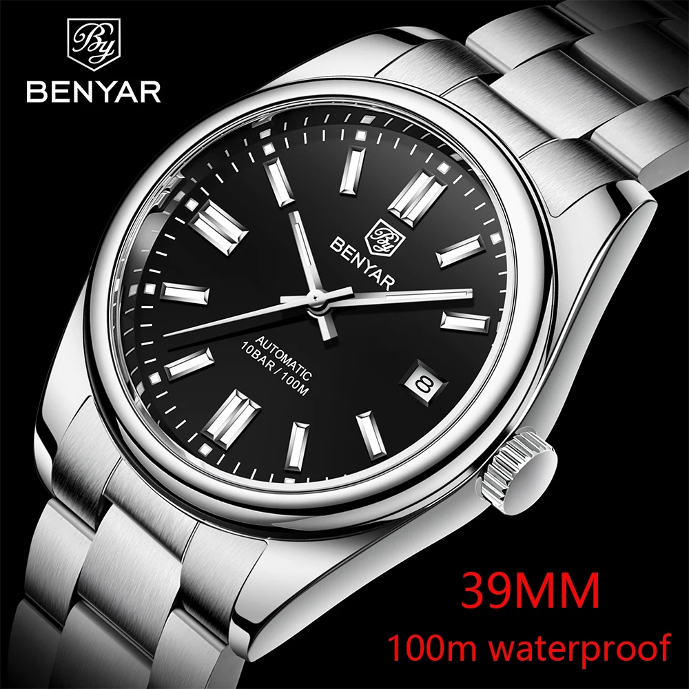 BENYAR 2021 Classic Fashion 39mm Watch Men's Stainless Steel Automatic Mechanical Watch 100m Waterproof Clock Luxury Men's Watch