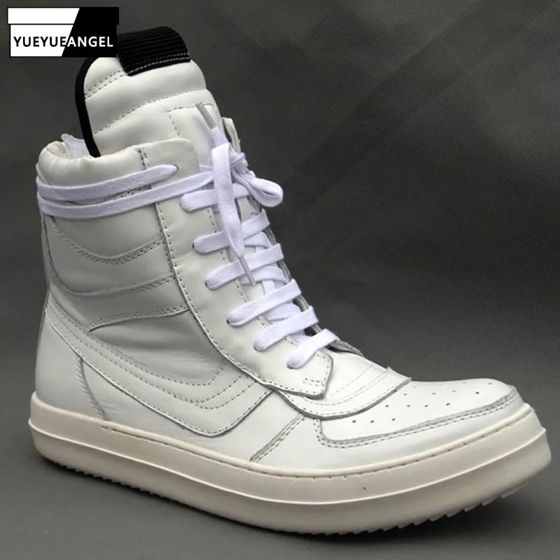 Мужские высокие кроссовки на шнуровке белые ботильоны из натуральной кожи в