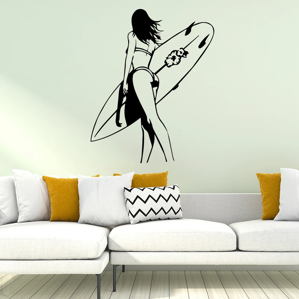 

Pretty Surfing girl Decorative Sticker Waterproof Home Decor For Living Room Kids Room Sticker Mural adesivi murali