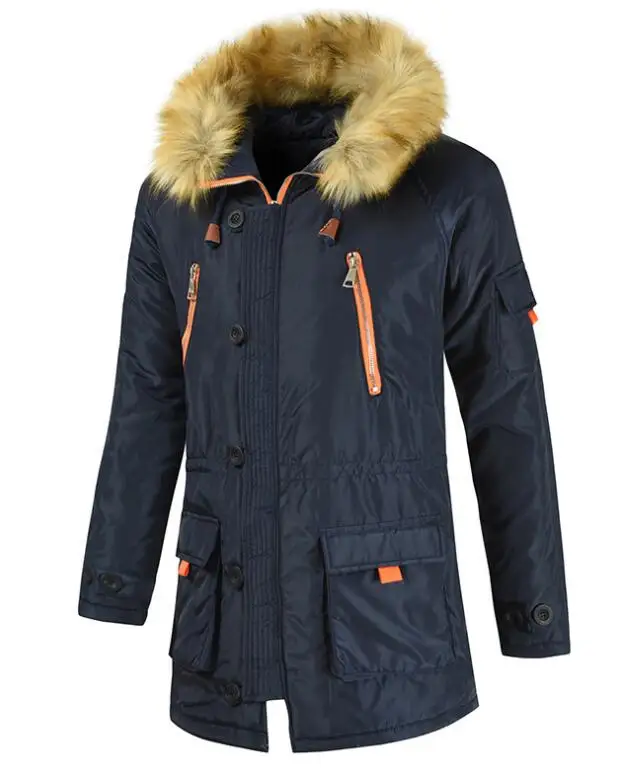 Mid-Length Padded Jacket Men Thick Warm Parkas Fur Collar Outwear Thick Parka Fur Hood Warm Overcoat