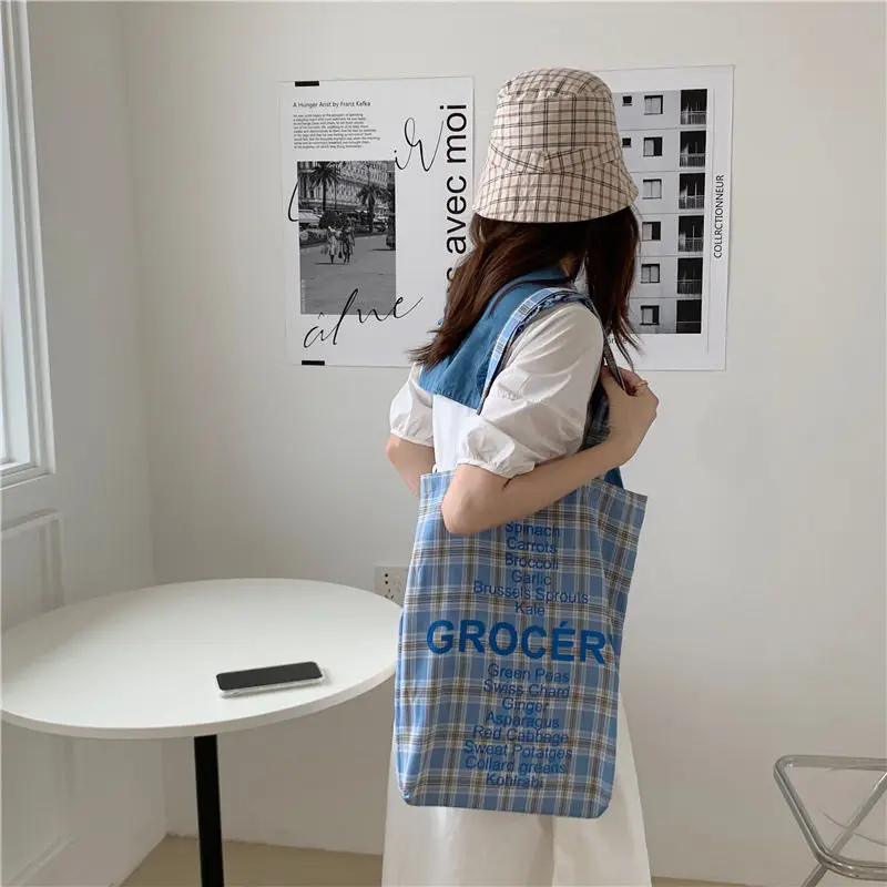 

Canvas Large Capacity Women's Shopping Bags Plaid Female Totes Fashion Ladies Handbags Casual Shoulder Crossbody Bags for Girls