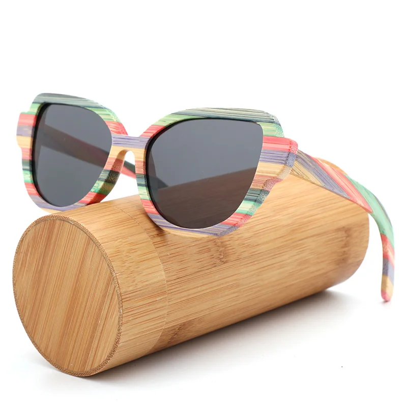 gray - bamboo box Высококачественные модные женские поляризованные солнцезащитные очки с кошачьими глазами для женщин цветные деревянные солнцезащитные очки ручной работы с деревянной коробкой для очков - Цвет линз: gray - bamboo box