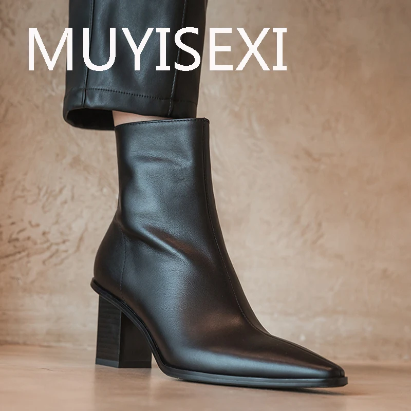

7cm high heels winter shoes side zip pure colors pointed toe office lady stretch maiden concise cozy ankle boots DONQ26 MUYISEXI