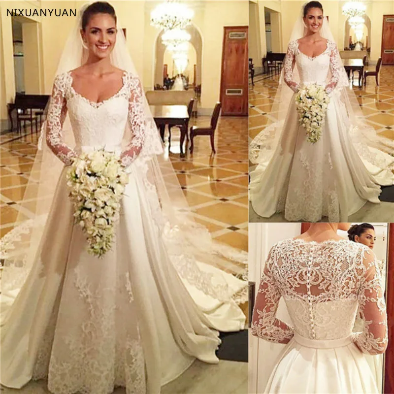 

Wedding Dresses Satin Scoop Lace Long Sleeves Vintage A Line Elegant Bridal Gown Princess vestidos de novia 2023 bride gelinlik