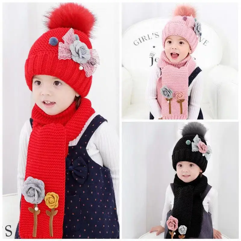 Милый детский комплект из 2 предметов: шарфа и шапки с цветочным принтом мягкого