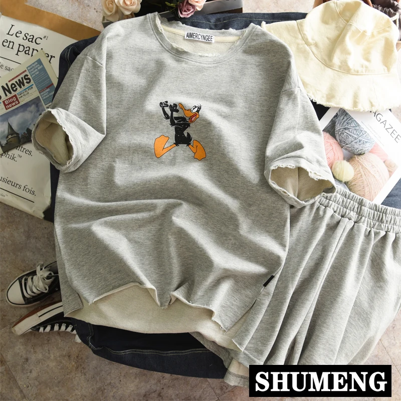 Футболка и шорты женские из 2 предметов мягкая свободная хлопковая с мультяшным