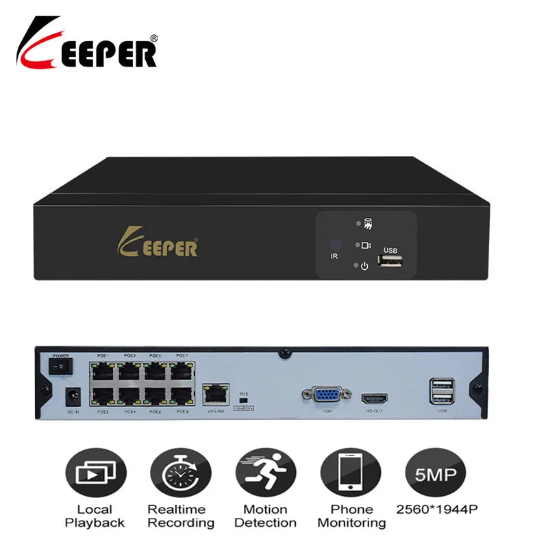 Хранитель H.265 5MP 8CH 52V POE NVR безопасности ip-камера видеонаблюдения системы видеонаблюдения P2P ONVIF 2MP/5MP сетевой видеорегистратор