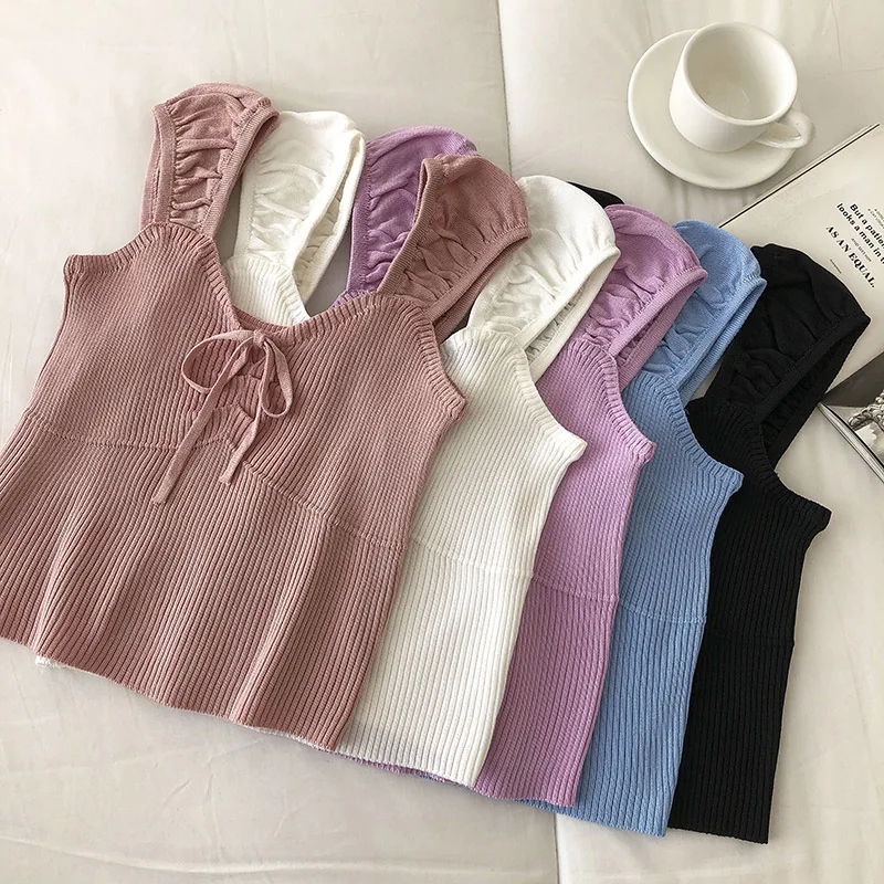 Купи Pearl Diary Woman Clothes Summer Strappy Knitted Tank New Style Solid All-Match Slim Bowknot Condole Belt Top Women за 500 рублей в магазине AliExpress