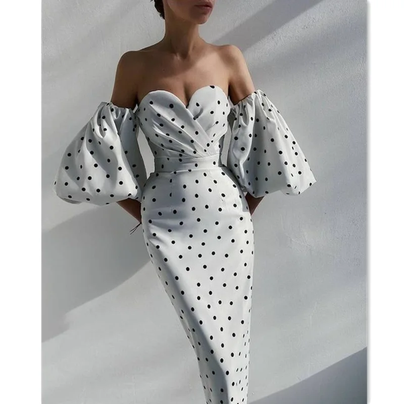 

Autumn Women's Polka Dot Print Dress Hepburn Lantern Sleeve Bohemian Vestidos Casual Beach Robe Sexy Shoulder Off Backless Dress