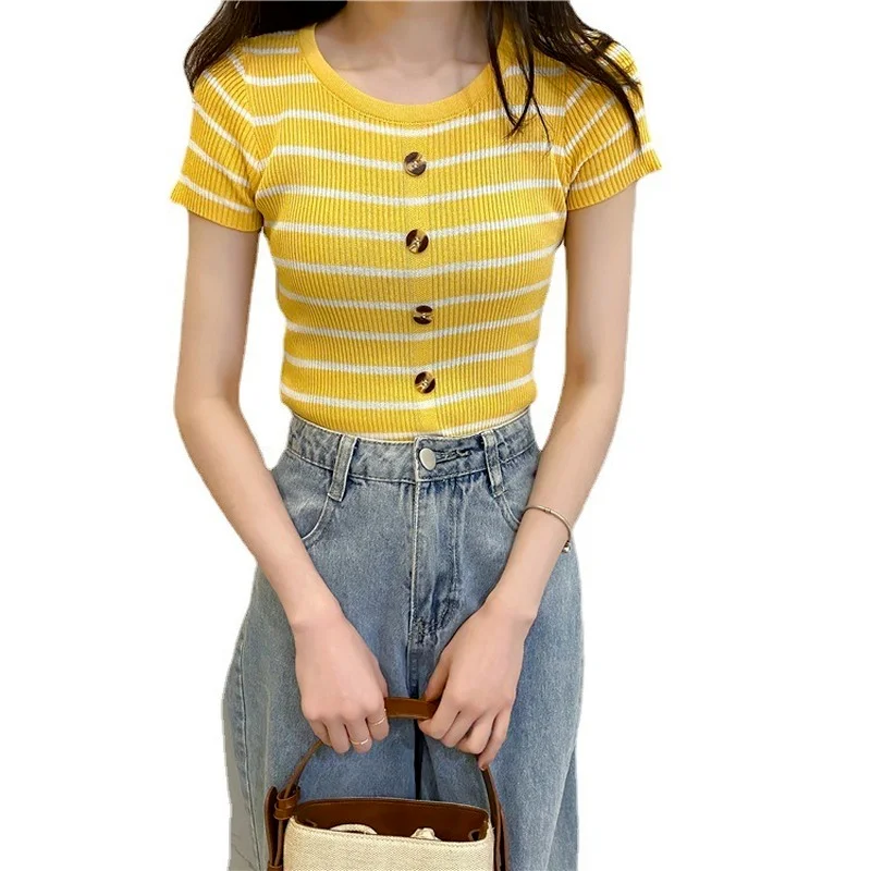 

Summer Women Striped Button Short Sweater Shirt Casual Women O-neck Slim Short Sleeve Pullover Femme Yellow Tops