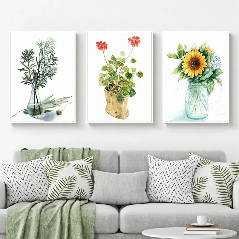 

Watercolor Plant Flowers Canvas Paintings Sunflower Botanical Prints Leaves Poster Decorative Picture for Living Room Home Decor