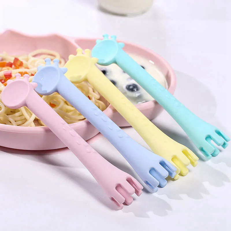 

2021 NEW Silicone Spoon Giraffe Bpa Free 1Pc Feeder Fork Two In One Safety Tableware Infant Learning Spoons Teether Utensil
