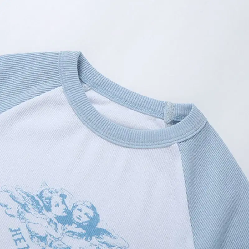 

Women Colorblock Raglan Short Sleeve T-Shirt Cute Cartoon Angel Printed Crop Top Summer Ribbed Knit Slim Fit Streetwear