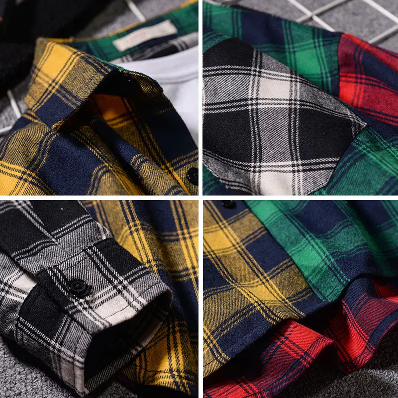

Men Oversized Cotton Plaid Shirt 2021 Man Hip Hop Patchwork Button Up Long Sleeve Shirt Couple Korean Harajuku Clothing -40