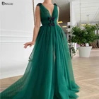 Женское ТРАПЕЦИЕВИДНОЕ вечернее платье, темно-зеленое Тюлевое платье в горошек с вышивкой, бабочками и V-образным вырезом, сексуальное платье для выпускного вечера, вечерние