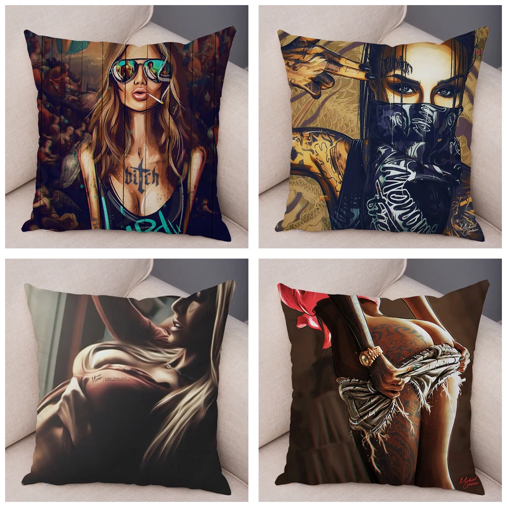 

Super Sexy Tattoo Girl Dark Goth Peach Skin Pillow Case Plush Decor Cushion Cover for Sofa Car Home Pliiows Covers Pillowcase