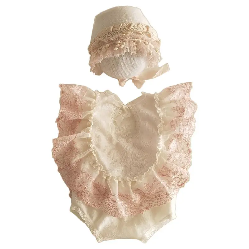 

J2FF 2Pcs Newborn Photography Props Suit Lace Romper Hat Set Knit Outfits Clothing Infants Shooting Photo Gifts