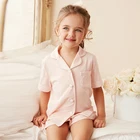 Летние Пижамные комплекты с отложным воротником для девочек, 2 цвета, детские шорты, пижамный комплект с рукавами, домашняя одежда для сна для девочек, детская одежда