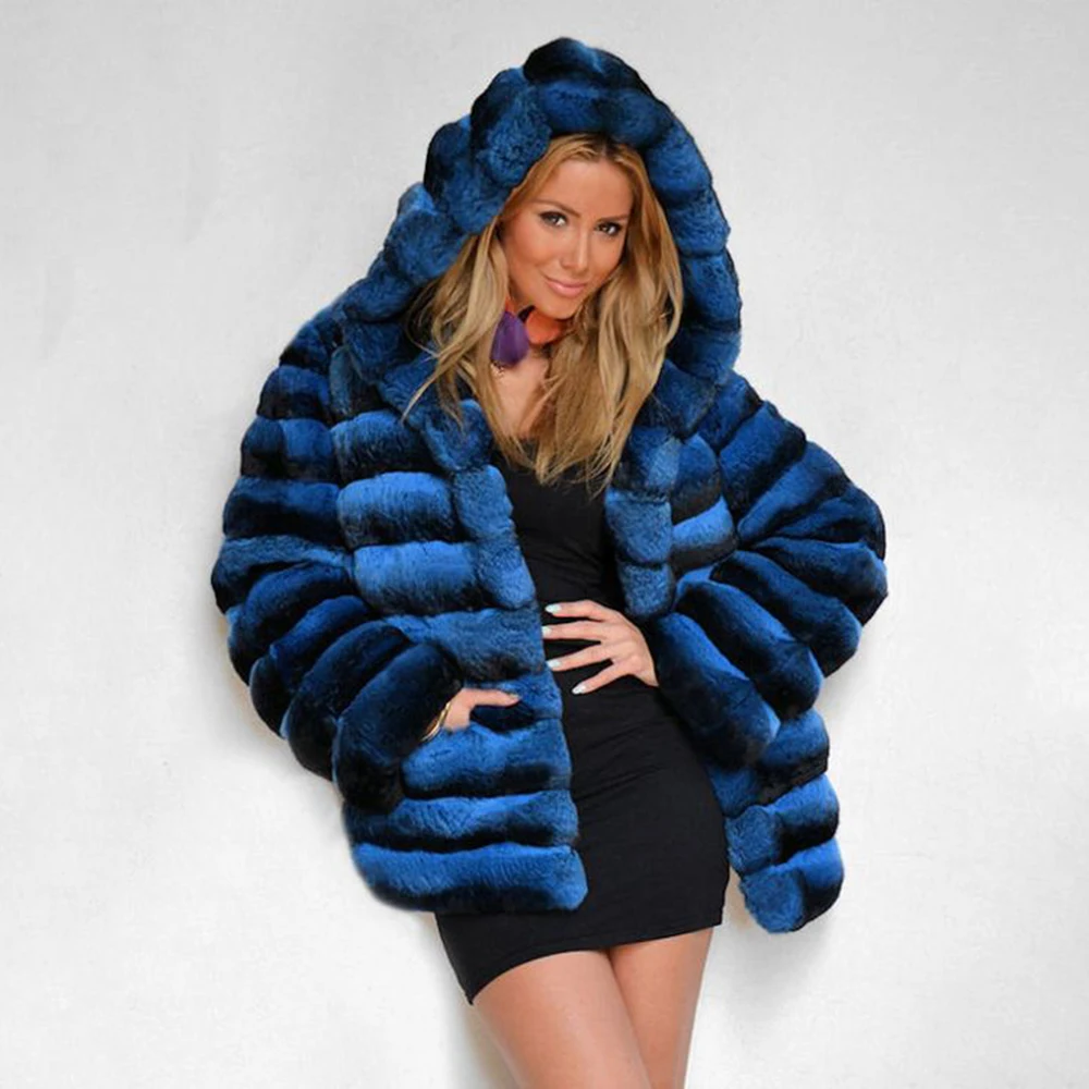 70cm Long Real Rex Rabbit Fur Coat with Hood Winter Warm Blue Chinchilla Color Genuine Rex Rabbit Fur Jacket Women Luxury Outfit
