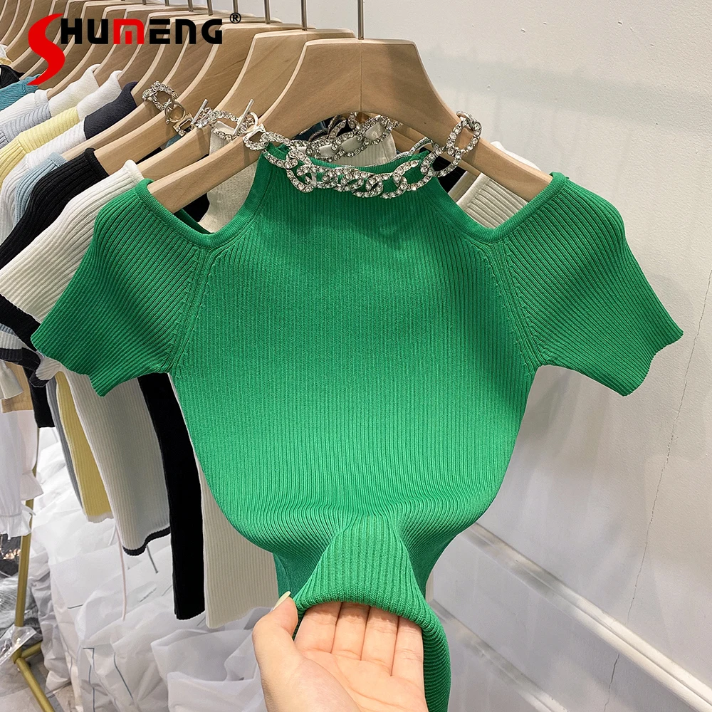 

Корейская Модная вязаная футболка из ледяного шелка с вырезами, женская одежда, лето 2021, зеленый облегающий топ с коротким рукавом и ожерель...