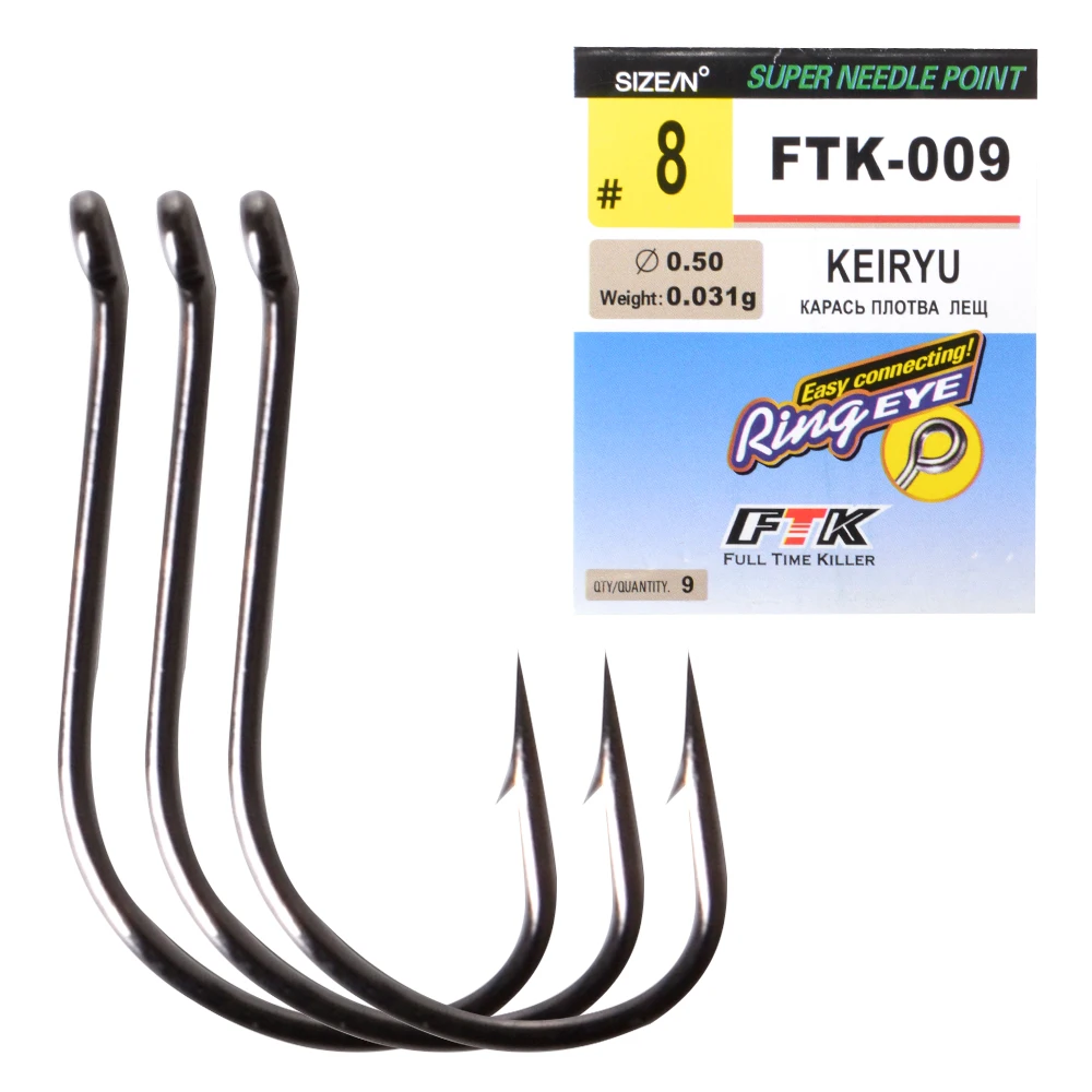 

FTK-009 Carbon Steel Fishing Hook With Ring Barbed Single Carp Fishing Feeder Hooks With Eyes