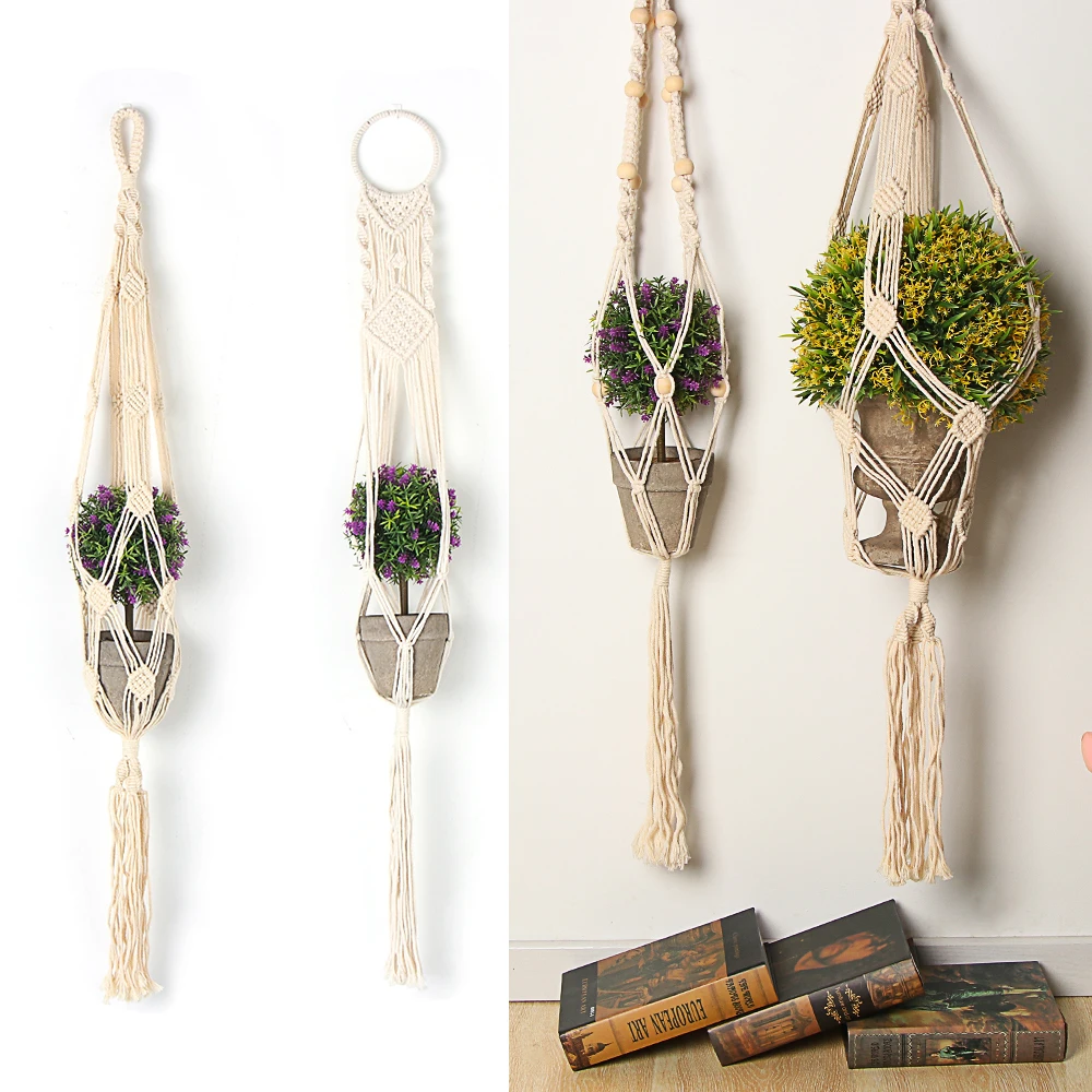 

Macrame Plant Hangers Handmade Indoor Outdoor Hanging Planter Basket No Tassels Basket Cotton Rope with Beads Flower Pot Holder