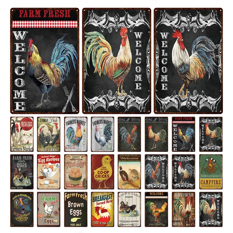 

Chicken Tin Signs Vintage Metal Poster Vintage Fresh Eggs Farmhouse Farm Wall Art Decor Rooster Retro Metal Plaque