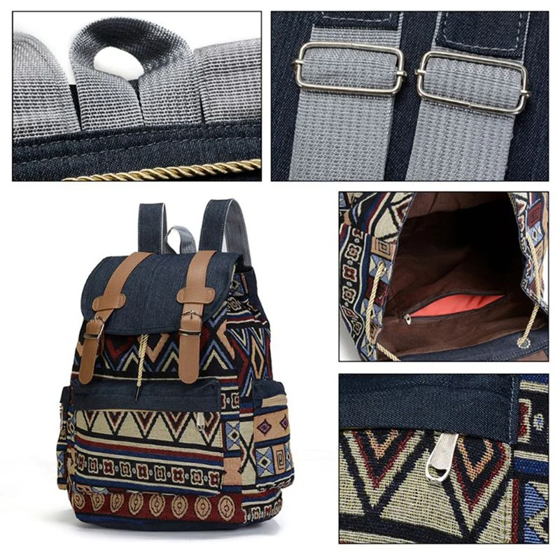 

High Quality Ladies Canvas Retro Backpack Ethnic Backpack Bohemian Backpack School Bag