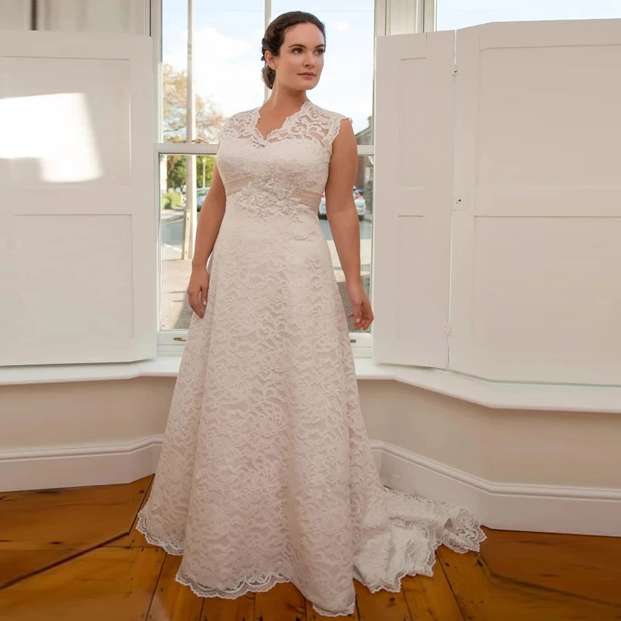 

Classic Wedding Dresses Plus Size Beading Applique Cap Sleeve V Neck Lace Robe De Mariage Bridal Gown Wedding Dress