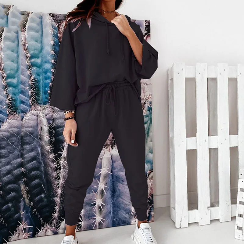 

Casual solid color women suit Loose women fitness suit round neck lace up jogging pants two piece set Fall 2020