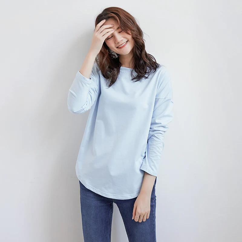 Spring Long Sleeve Split T-shirt Hoodies Women 2021 Cotton Casual Jumpers Solid Simple Loose Bottoming O-Neck Midi Large Tops
